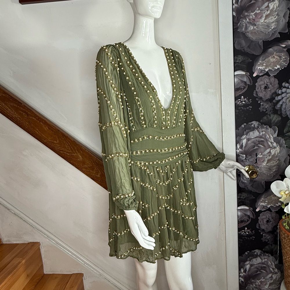 Free People JEN'S PIRATE BOOTY Olive Green Beaded V-Neck Mini Dress - Picture 6 of 11